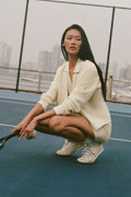Tennis Club Sweater Knit Cardigan - Oatmeal/White